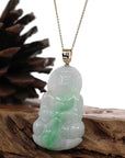 Baikalla Jewelry Jade Guanyin Pendant Necklace "Goddess of Compassion" 14k Yellow Gold Genuine Burmese Jadeite Jade Guanyin Necklace With Good Luck Design