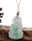 Baikalla Jewelry Jade Guanyin Pendant Necklace "Goddess of Compassion" 14k Yellow Gold Genuine Burmese Jadeite Jade Guanyin Necklace With Good Luck Design