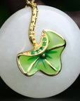 Baikalla Jewelry Jade Pendant Genuine White Nephrite Jade Necklace with Gold Plated Sterling Silver and Pink & Green CZ