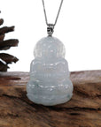 Baikalla Jewelry Jade Guanyin Pendant Necklace Baikalla "Goddess of Compassion" Genuine Burmese Ice Blue Jadeite Jade Guanyin Necklace With Good Luck Design 14K Gold Bail