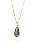 Baikalla Jewelry Gemstone Pendant Necklace 18k Yellow Gold Natural Navy Blue Topaz Pear Cut Necklace With Diamonds