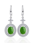 Baikalla Jewelry Silver Gemstone Earrings Baikalla™ "Classic Double Halo" Sterling Silver Genuine Nephrite Green Jade Dangle Earrings