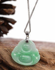 Baikalla Jewelry Jade Buddha Pendant Baikalla™ "Laughing Buddha" Genuine Vibrant Green Jadeite Buddha Pendant Necklace With 14k White Gold Diamond Bail