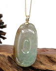 Baikalla Jewelry Jade Guanyin Pendant Necklace Copy of Genuine Ice White Jadeite Jade Fu Zai Yan Qian Pendant Necklace With 14K White Gold Bail