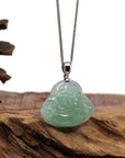 Baikalla Jewelry Jade Buddha Pendant Copy of Baikalla™ "Laughing Buddha" Genuine Vibrant Green Jadeite Buddha Pendant Necklace With 14k White Gold Diamond Bail