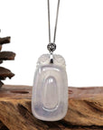 Baikalla Jewelry Jade Guanyin Pendant Necklace Copy of Genuine Ice White Jadeite Jade Fu Zai Yan Qian Pendant Necklace With 14K White Gold Bail