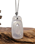 Baikalla Jewelry Jade Guanyin Pendant Necklace Copy of Genuine Ice White Jadeite Jade Fu Zai Yan Qian Pendant Necklace With 14K White Gold Bail
