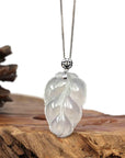 Baikalla Jewelry Jade Guanyin Pendant Necklace Copy of Genuine Ice Jadeite Jade Jin Zhi Yu Ye (Leaf) Necklace With White Gold VSI Diamond Bail