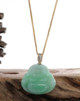 Baikalla Jewelry Jade Pendant Natural Burmese Jadeite Jade "Laughing Buddha" With 14k Yellow VS1 Diamond Bail