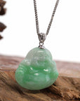 Baikalla Jewelry Jade Buddha Pendant Baikalla™ "Laughing Buddha" Genuine Vibrant Green Jadeite Buddha Pendant Necklace With 14k White Gold Diamond Bail