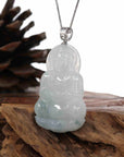 Baikalla Jewelry Jade Guanyin Pendant Necklace Baikalla "Goddess of Compassion" Genuine Burmese Ice Blue Jadeite Jade Guanyin Necklace With Good Luck Design 14K Gold Bail