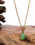 Baikalla Jewelry 18k Gold Jadeite Necklace 18K Yellow Gold "Apricot Flower" Oval Apple Green Jadeite Jade Cabochon Necklace with Diamonds