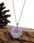 Baikalla Jewelry Gold Jadeite Jade Pendant Necklace "Good Luck Button" Lavender Jadeite Jade Lucky KouKou Pendant With 14K Yellow Gold Diamond Bail