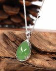 Baikalla Jewelry Gold Jade Pendant 14K White Gold / Pendant Only 14K Gold "Classic Tear Drop" Green Apple Green Jade Diamond Cut Setting Pendant Necklace