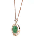 Baikalla Jewelry 18k Gold Jadeite Necklace 18K Rose Gold Oval Imperial Jadeite Jade Cabochon Necklace with Diamonds
