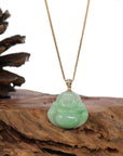 Baikalla Jewelry Gold Jadeite Jade Pendant Necklace Natural Burmese Jadeite Jade Happy Buddha With 14k Yellow VS1 Diamond Bail