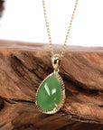 Baikalla Jewelry Gold Jade Pendant 14K Yellow Gold / Pendant Only 14K Gold "Classic Tear Drop" Green Apple Green Jade Diamond Cut Setting Pendant Necklace