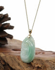 Baikalla Jewelry Jade Guanyin Pendant Necklace Genuine Green Jadeite Jade RuYi ( Wang Shi Ru Yi ) Pendant Necklace With 14K Yellow Gold Bail
