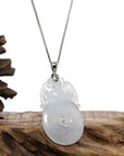 Baikalla Jewelry Jade Guanyin Pendant Necklace Genuine Ice White Jadeite Jade Fu Zai Yan Qian Pendant Necklace With 14K White Gold Bail