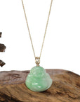 Baikalla Jewelry Gold Jadeite Jade Pendant Necklace Natural Burmese Jadeite Jade Happy Buddha With 14k Yellow VS1 Diamond Bail