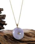 Baikalla Jewelry Gold Jadeite Jade Pendant Necklace "Good Luck Button" Lavender Jadeite Jade Lucky KouKou Pendant With 14K White Gold Diamond Bail