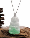 Baikalla Jewelry Jade Guanyin Pendant Necklace 14k White Gold "Goddess of Compassion" Genuine Green Jadeite Jade Guanyin Necklace With Gold Diamond Bail