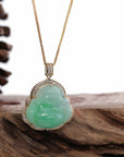 Baikalla Jewelry Gold Jade Buddha Baikalla "Laughing Buddha" 14k Gold Genuine Green Jadeite Jade with VS1 Diamonds
