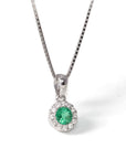 Baikalla Jewelry Gemstone Pendant Necklace Baikalla™ 14k White Gold Emerald Round 4 Prong Set Necklace With Diamond Halo