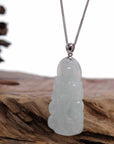 Baikalla Jewelry Jade Guanyin Pendant Necklace Baikalla 14k White Gold "Goddess of Compassion" Genuine Ice Burmese Jadeite Jade Guanyin Necklace With Gold Bail