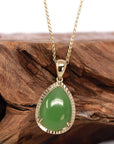 Baikalla Jewelry Gold Jade Pendant 14K Yellow Gold / Pendant Only 14K Gold Genuine Green Apple Green Jade Tear Drop Diamond Cut Pendant Necklace