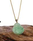 Baikalla Jewelry Gold Jadeite Jade Pendant Necklace Natural Burmese Jadeite Jade Happy Buddha With 14k Yellow VS1 Diamond Bail