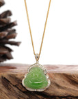 Baikalla Jewelry Gold Jade Buddha Baikalla "Laughing Buddha" 14k Gold Genuine Nephrite Apple Green Jade with VS1 Diamonds