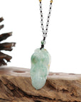 Baikalla Jewelry Jade Pendant Necklace Genuine Ice Blue-Green Jadeite Jade "Good Fortune Leaf" Pendant Necklace With Real Jadeite Bead Necklace