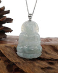 Baikalla Jewelry Jade Guanyin Pendant Necklace Baikalla "Goddess of Compassion" Genuine Burmese Ice Blue Jadeite Jade Guanyin Necklace With Good Luck Design 14K Gold Bail