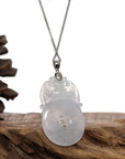 Baikalla Jewelry Jade Guanyin Pendant Necklace Genuine Ice White Jadeite Jade Fu Zai Yan Qian Pendant Necklace With 14K White Gold Bail