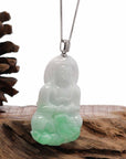 Baikalla Jewelry Jade Guanyin Pendant Necklace 14k White Gold "Goddess of Compassion" Genuine Green Jadeite Jade Guanyin Necklace With Gold Diamond Bail