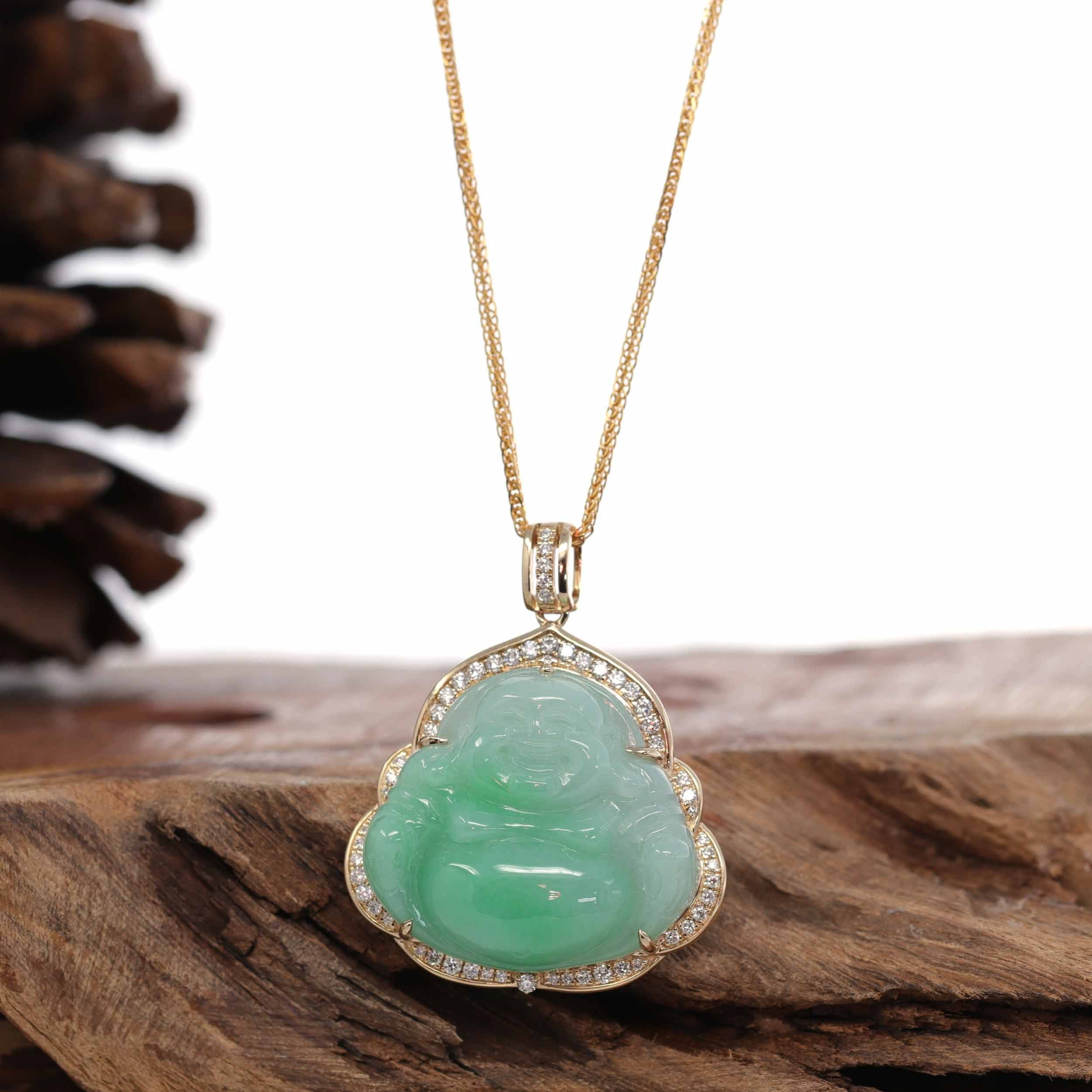 thumbnail image 2 of Malajiang Natural Green Jade Buddha Pendant – White Gold Plated, Crystal Accent, Copper Base, China 2 of 6