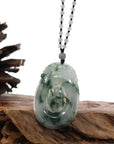 Baikalla Jewelry Jade Pendant Necklace Genuine Ice Blue-Green Jadeite Jade "Good Luck Oval with Dragon Accent" Pendant Necklace With Real Jadeite Bead Necklace