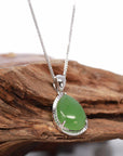 Baikalla Jewelry Gold Jade Pendant 14K Gold "Classic Tear Drop" Green Apple Green Jade Diamond Cut Setting Pendant Necklace