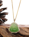 Baikalla Jewelry Gold Jade Buddha 14K Yellow Gold With Matching Gold Chain Baikalla "Laughing Buddha" 14k Gold Genuine Nephrite Apple Green Jade with 1/3 cttw VS1 Diamonds