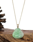 Baikalla Jewelry Gold Jadeite Jade Pendant Necklace Natural Burmese Jadeite Jade Happy Buddha With 14k Yellow VS1 Diamond Bail