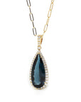 Baikalla Jewelry Gemstone Pendant Necklace 18k Yellow Gold Natural Navy Blue Topaz Pear Cut Necklace With Diamonds