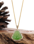 Baikalla Jewelry Gold Jade Buddha Baikalla "Laughing Buddha" 14k Gold Genuine Nephrite Apple Green Jade with VS1 Diamonds