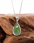 Baikalla Jewelry Gold Jade Pendant 14K Gold "Classic Tear Drop" Green Apple Green Jade Diamond Cut Setting Pendant Necklace