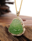 Baikalla Jewelry Gold Jade Buddha Baikalla "Laughing Buddha" 14k Gold Genuine Nephrite Apple Green Jade with 1/3 cttw VS1 Diamonds