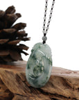 Baikalla Jewelry Jade Pendant Necklace Genuine Ice Blue-Green Jadeite Jade "Good Luck Oval with Dragon Accent" Pendant Necklace With Real Jadeite Bead Necklace
