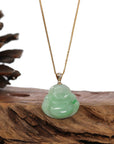 Baikalla Jewelry Gold Jadeite Jade Pendant Necklace Natural Burmese Jadeite Jade Happy Buddha With 14k Yellow VS1 Diamond Bail