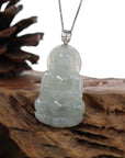 Baikalla Jewelry Jade Guanyin Pendant Necklace Baikalla "Goddess of Compassion" Genuine Burmese Ice Blue Jadeite Jade Guanyin Necklace With Good Luck Design 14K Gold Bail