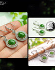 Baikalla Jewelry Silver Gemstone Earrings Baikalla™ "Classic Double Halo" Sterling Silver Genuine Nephrite Green Jade Dangle Earrings