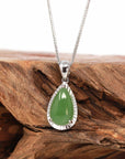 Baikalla Jewelry Gold Jade Pendant 14K Gold "Classic Tear Drop" Green Apple Green Jade Diamond Cut Setting Pendant Necklace